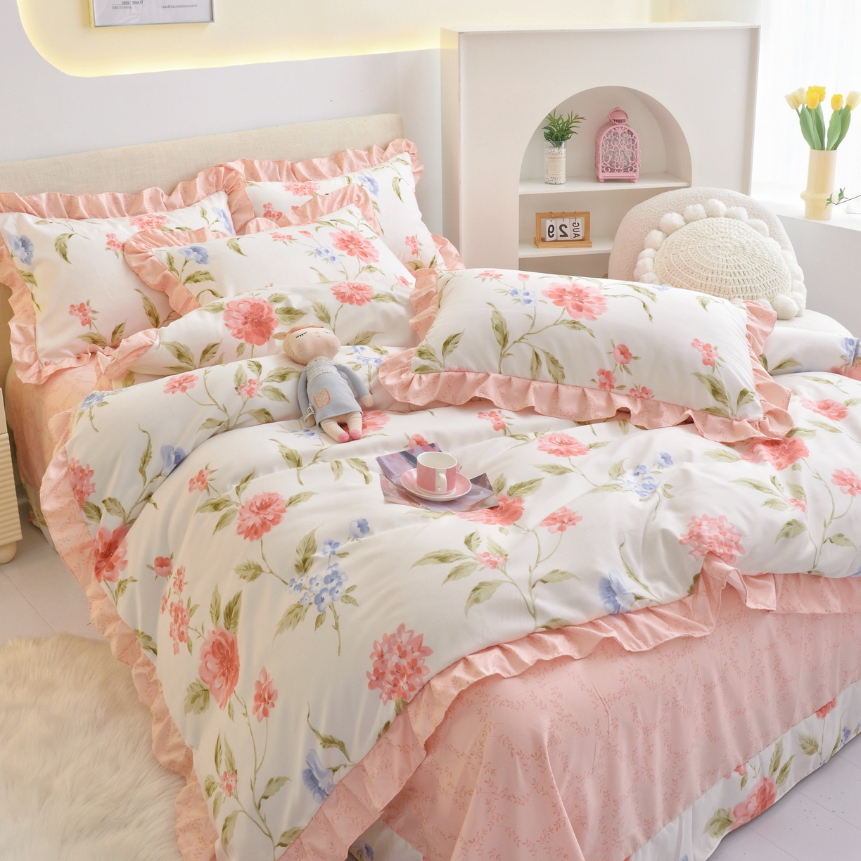 91家纺网 家纺一手货源 找家纺 宅家居 2024新韩版亲肤磨毛花边小号三件套 四件套床单大荷叶边 思郁法情