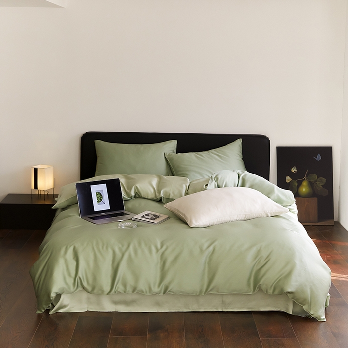 91家纺网 家纺一手货源 找家纺 沐晴家纺 2025新款60兰精天丝简约轻奢纯色四件套 香奈儿绿-嫩叶绿