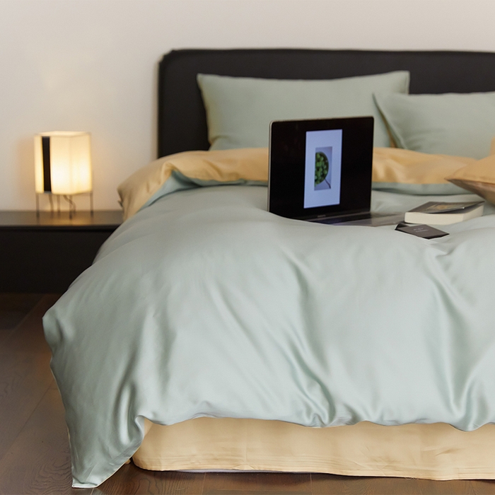 91家纺网 家纺一手货源 找家纺 沐晴家纺 2025新款60兰精天丝简约轻奢纯色四件套 浅艾绿-香槟金