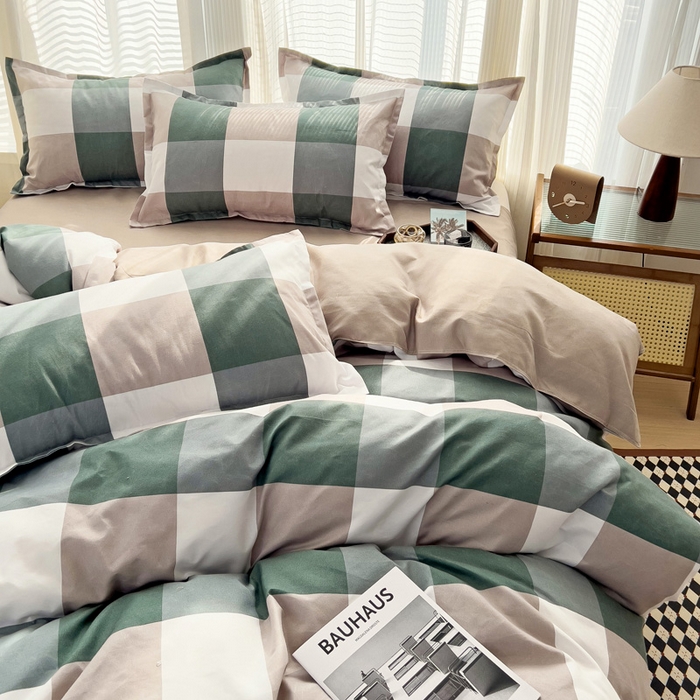 91家纺网 家纺一手货源 找家纺 赫然 130g生态长绒棉贡棉植物羊绒加厚斜纹磨毛四件套 绿大格