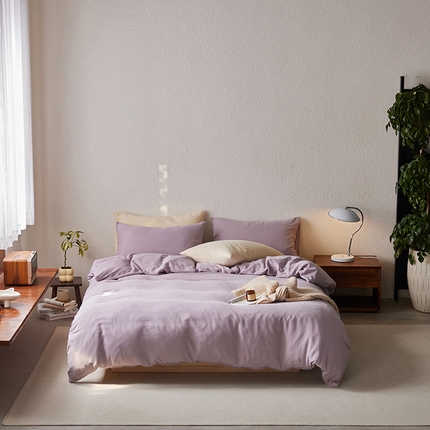 91家纺网 家纺一手货源 找家纺 （总）简纯主义 2025新款全棉有机雾感纱双层皱皱纱四件套