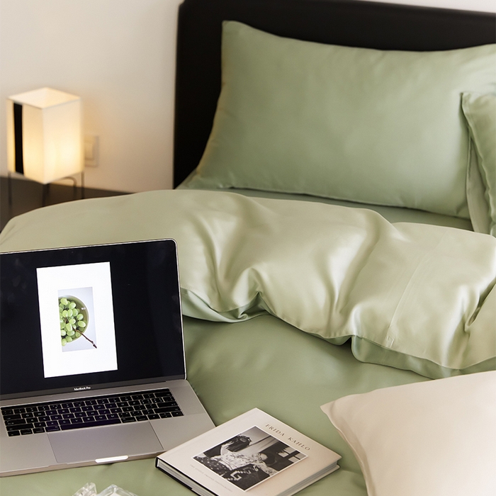 91家纺网 家纺一手货源 找家纺 沐晴家纺 2025新款60兰精天丝简约轻奢纯色四件套 香奈儿绿-嫩叶绿