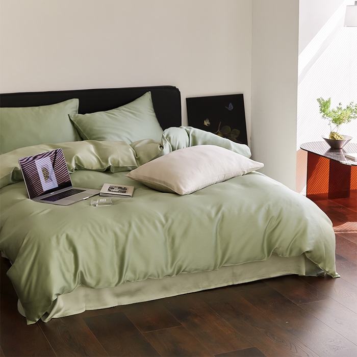 91家纺网 家纺一手货源 找家纺 沐晴家纺 2025新款60兰精天丝简约轻奢纯色四件套 香奈儿绿-嫩叶绿