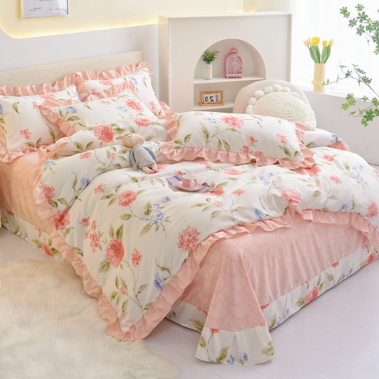 91家纺网 家纺一手货源 找家纺 宅家居 2024新韩版亲肤磨毛花边小号三件套 四件套床单大荷叶边 思郁法情