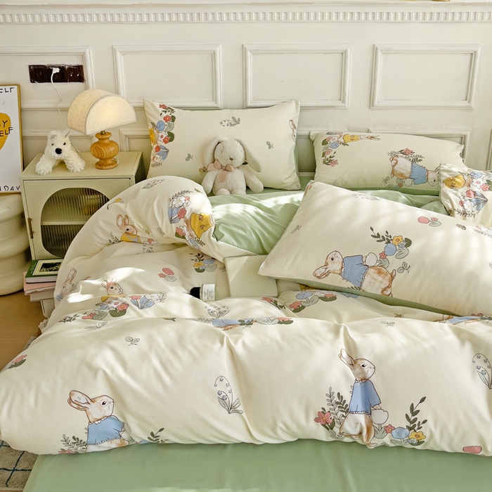 91家纺网 家纺一手货源 找家纺 赫然 2026新款水洗双层纱四件套 小兔子