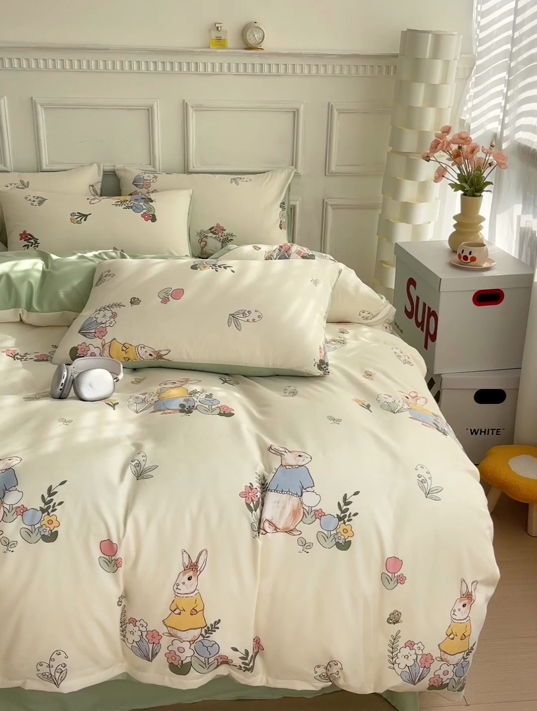 91家纺网 家纺一手货源 找家纺 赫然 2026新款水洗双层纱四件套 小兔子