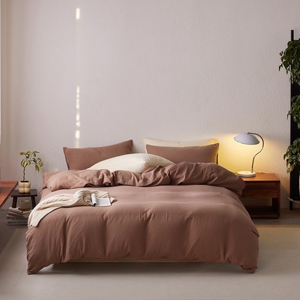 91家纺网 家纺一手货源 找家纺 （总）简纯主义 2025新款全棉有机雾感纱双层皱皱纱四件套