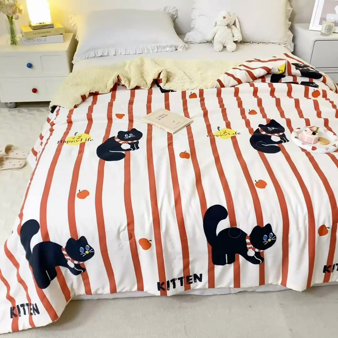 91家纺网 家纺一手货源 找家纺 芯元素 2024新款A类水洗棉凉豆豆夏被 煤球小猫