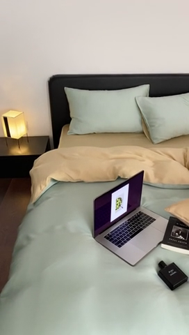 91家纺网 家纺一手货源 找家纺 沐晴家纺 2025新款60兰精天丝简约轻奢纯色四件套 浅艾绿-香槟金