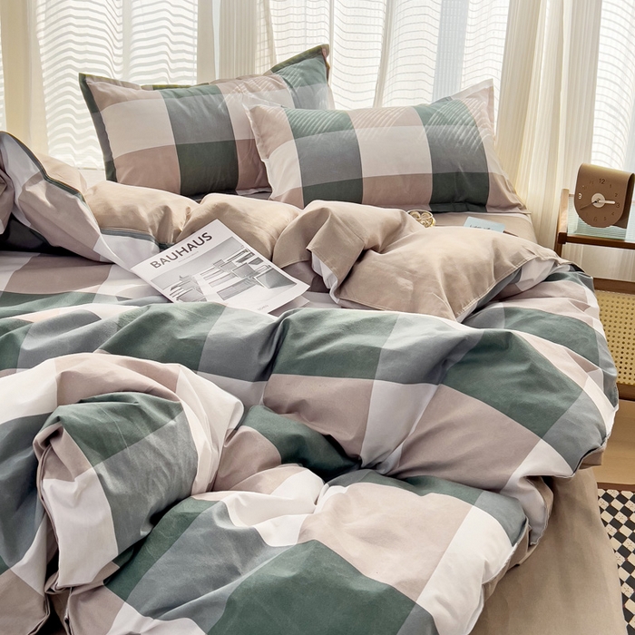 91家纺网 家纺一手货源 找家纺 赫然 130g生态长绒棉贡棉植物羊绒加厚斜纹磨毛四件套 绿大格