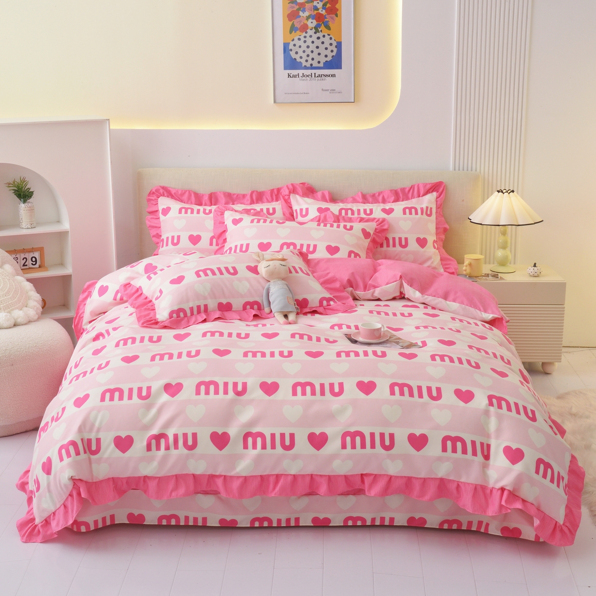 91家纺网 家纺一手货源 找家纺 宅家居 2024新韩版亲肤磨毛花边小号三件套 四件套床单大荷叶边 苗苗粉