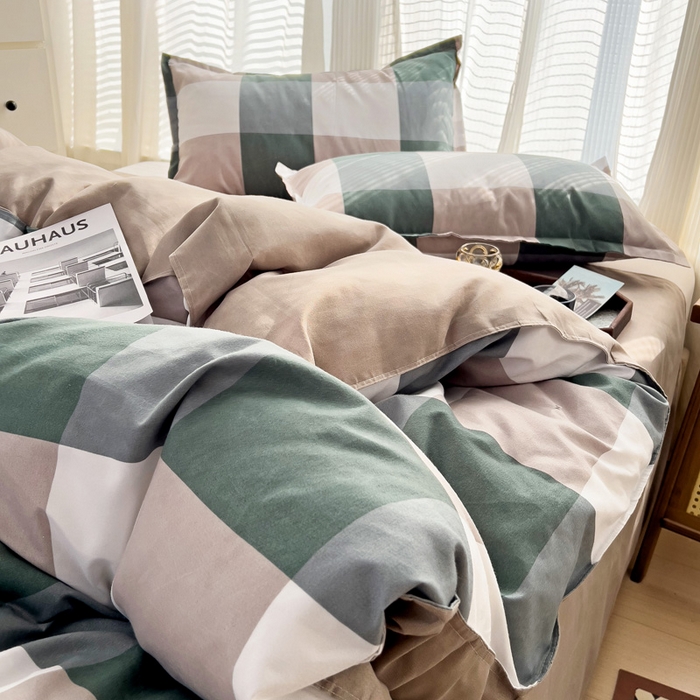 91家纺网 家纺一手货源 找家纺 赫然 130g生态长绒棉贡棉植物羊绒加厚斜纹磨毛四件套 绿大格