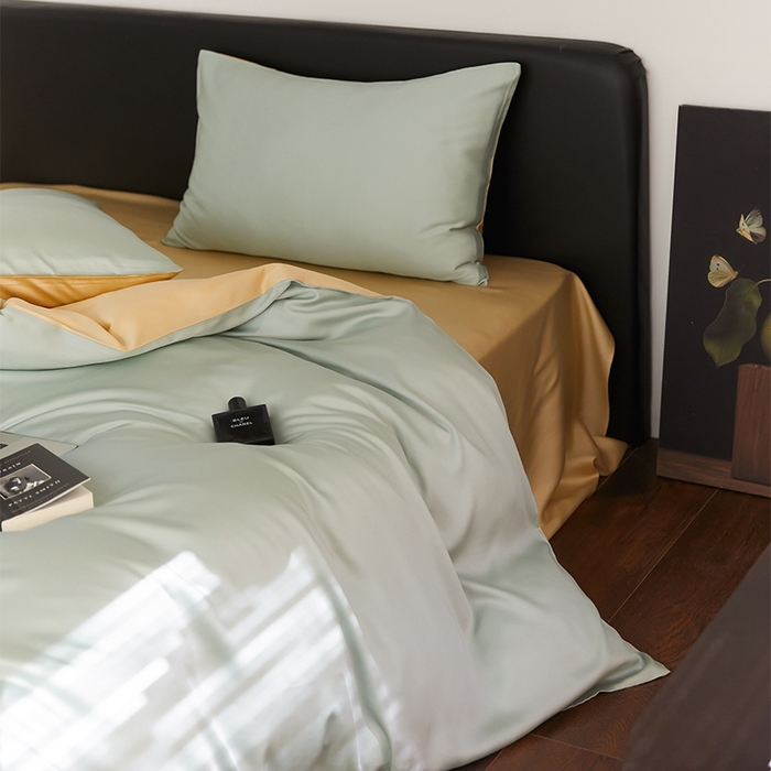 91家纺网 家纺一手货源 找家纺 沐晴家纺 2025新款60兰精天丝简约轻奢纯色四件套 浅艾绿-香槟金