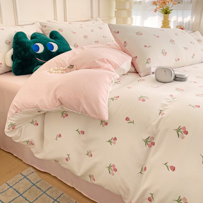 91家纺网 家纺一手货源 找家纺 赫然 2026新款水洗双层纱四件套 郁金香