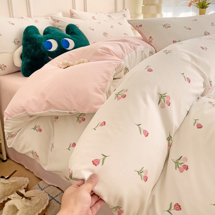 91家纺网 家纺一手货源 找家纺 赫然 2026新款水洗双层纱四件套 郁金香