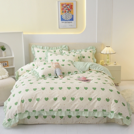 91家纺网 家纺一手货源 找家纺 宅家居 2024新韩版亲肤磨毛花边小号三件套 四件套床单大荷叶边 米可-苹果绿