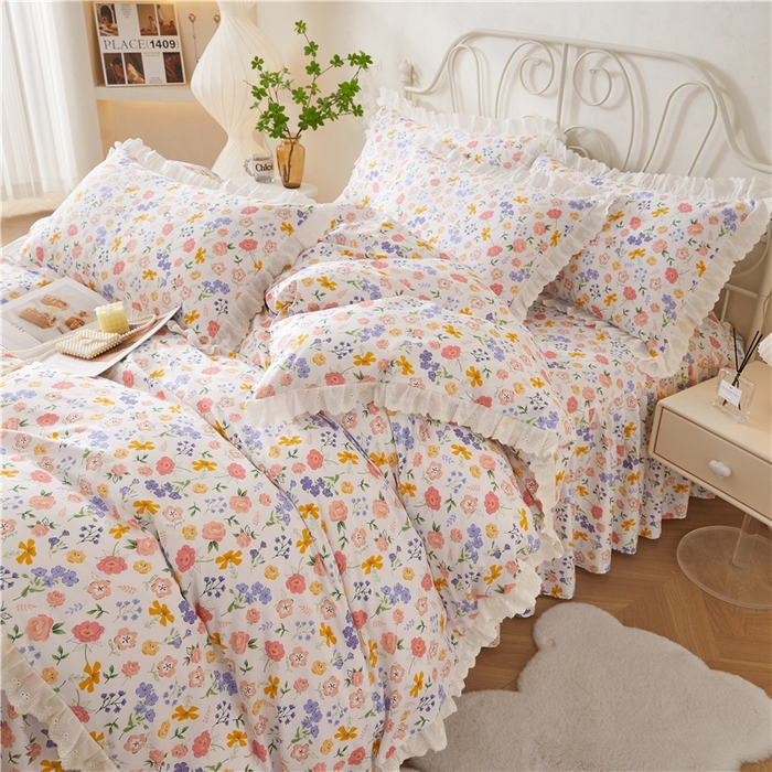 91家纺网 家纺一手货源 找家纺 十个点2024新款初遇系列 全棉床裙小清新四件套 初遇