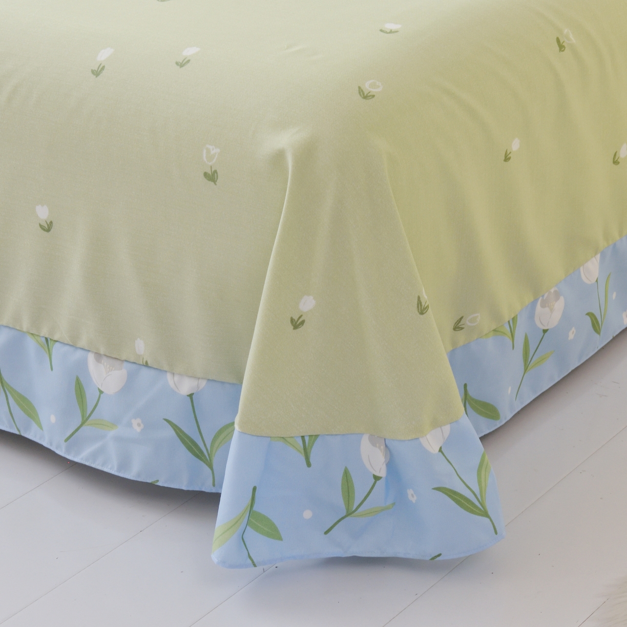 91家纺网 家纺一手货源 找家纺 宅家居 2024新韩版亲肤磨毛花边小号三件套 四件套床单大荷叶边 乔微-天空蓝