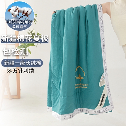91家纺网 家纺一手货源 找家纺  2025新款A类绣花纯色手包边新疆棉花夏被 千寻 蔚蓝