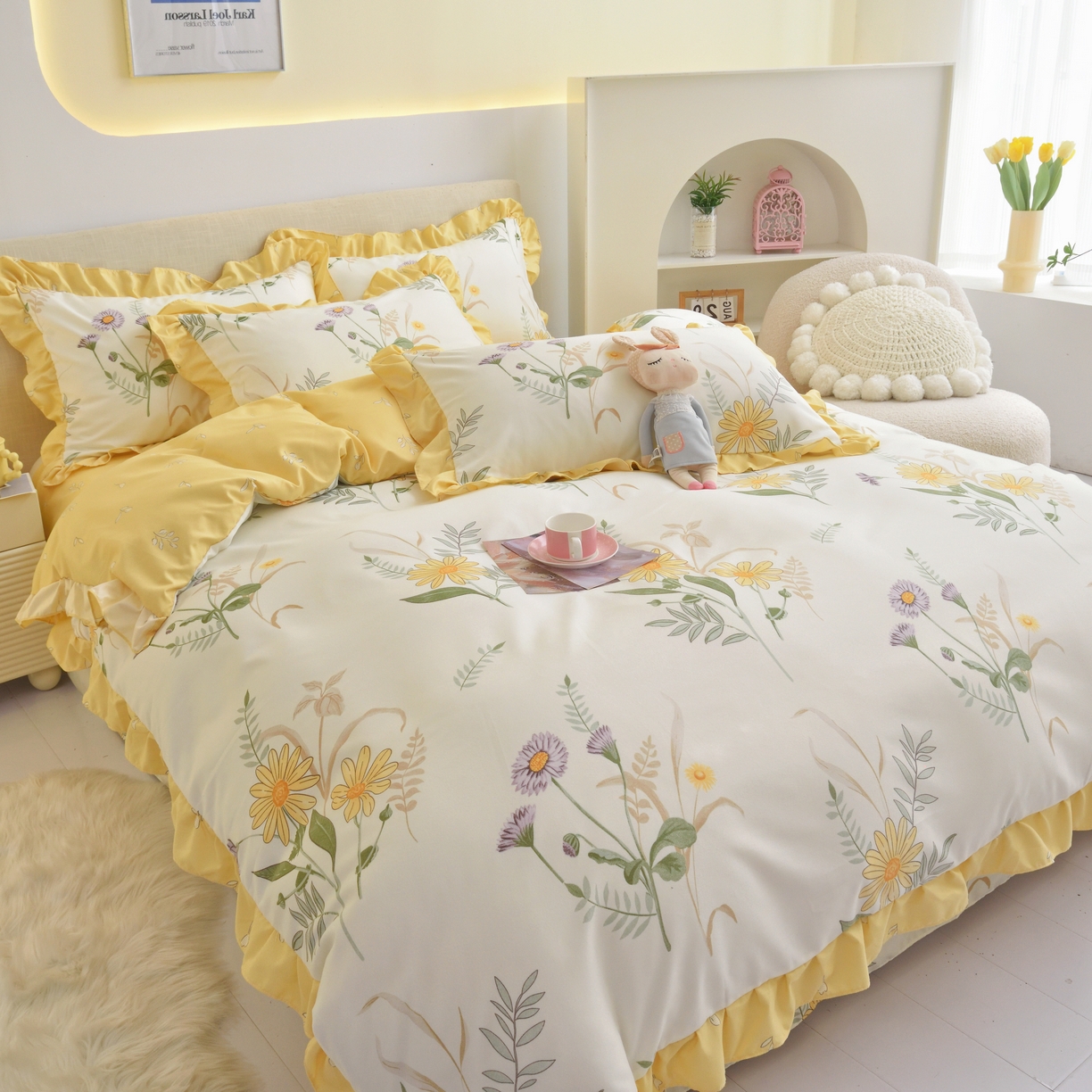 91家纺网 家纺一手货源 找家纺 宅家居 2024新韩版亲肤磨毛花边小号三件套 四件套床单大荷叶边 周生如故