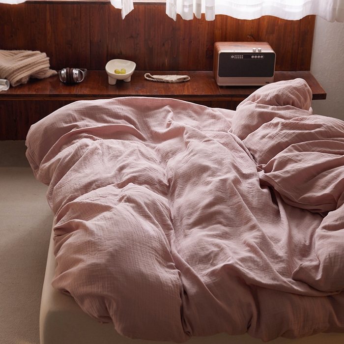 91家纺网 家纺一手货源 找家纺 （总）简纯主义 2025新款全棉有机雾感纱双层皱皱纱系列单被套 