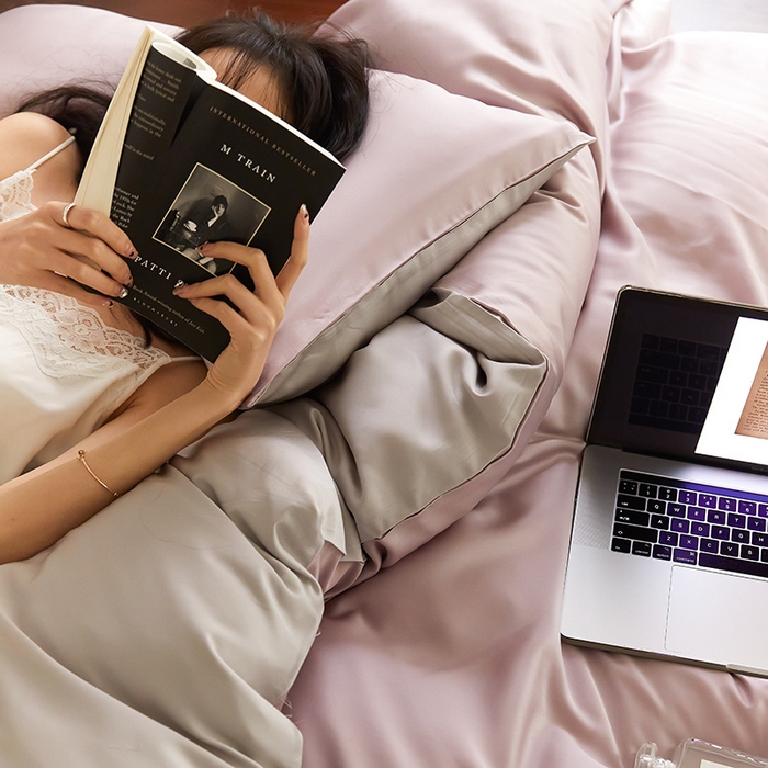 91家纺网 家纺一手货源 找家纺 沐晴家纺 2025新款60兰精天丝简约轻奢纯色四件套 满天星紫-曙光银