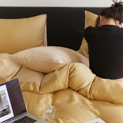 沐晴家纺 2025新款60兰精天丝简约轻奢纯色四件套 芝士黄-沙茶色