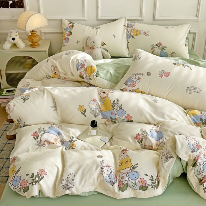 91家纺网 家纺一手货源 找家纺 赫然 2026新款水洗双层纱四件套 小兔子