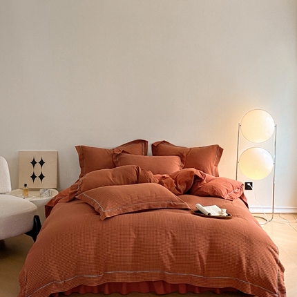 91家纺网 家纺一手货源 找家纺 美伦美焕 2024新款双层纱全棉水洗四件套 千鸟格-桔