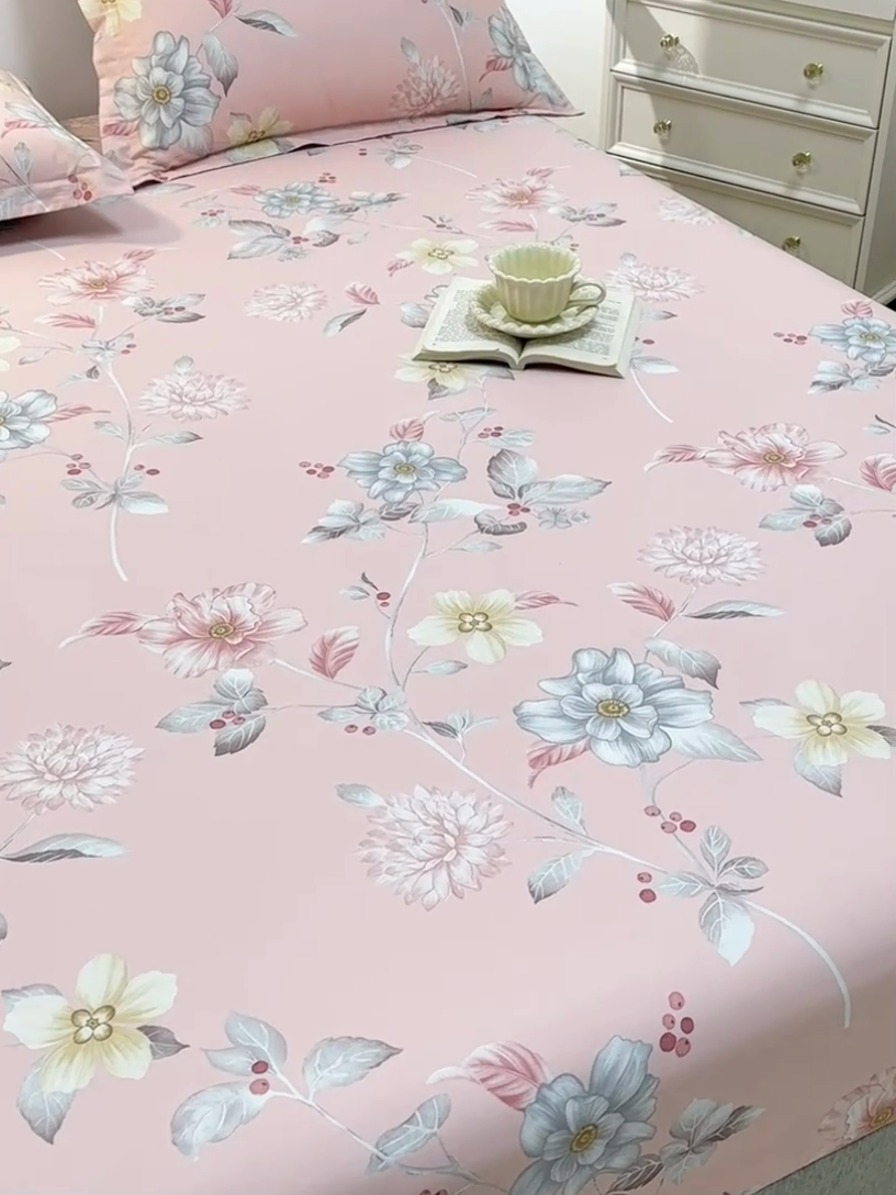 91家纺网 家纺一手货源 找家纺 元元被芯 2024新款小清新全棉套件单品-单床笠 花之绚烂-粉