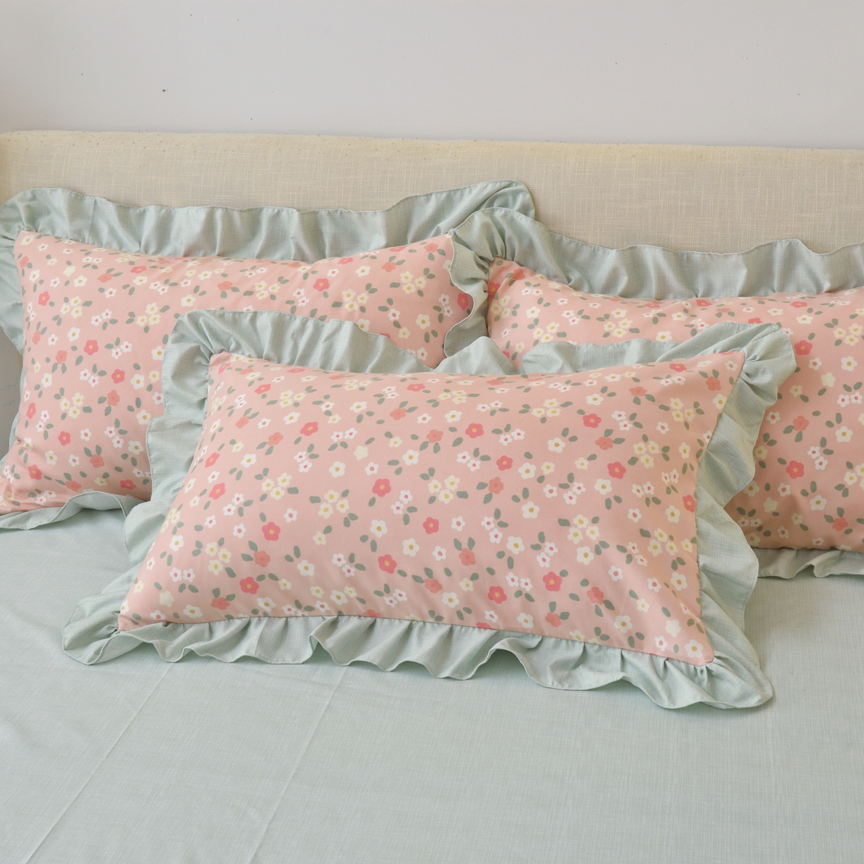 91家纺网 家纺一手货源 找家纺 宅家居 2024新韩版亲肤磨毛花边小号三件套 四件套床单大荷叶边 小清新-娅粉