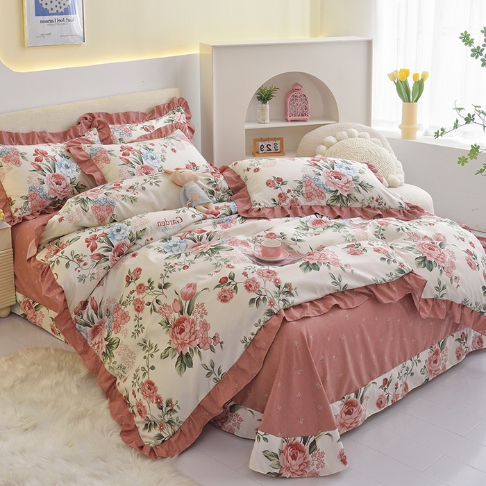 91家纺网 家纺一手货源 找家纺 宅家居 2024新韩版亲肤磨毛花边小号三件套 四件套床单大荷叶边 满园春色