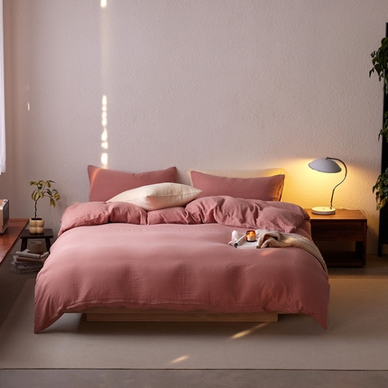 91家纺网 家纺一手货源 找家纺 （总）简纯主义 2025新款全棉有机雾感纱双层皱皱纱四件套