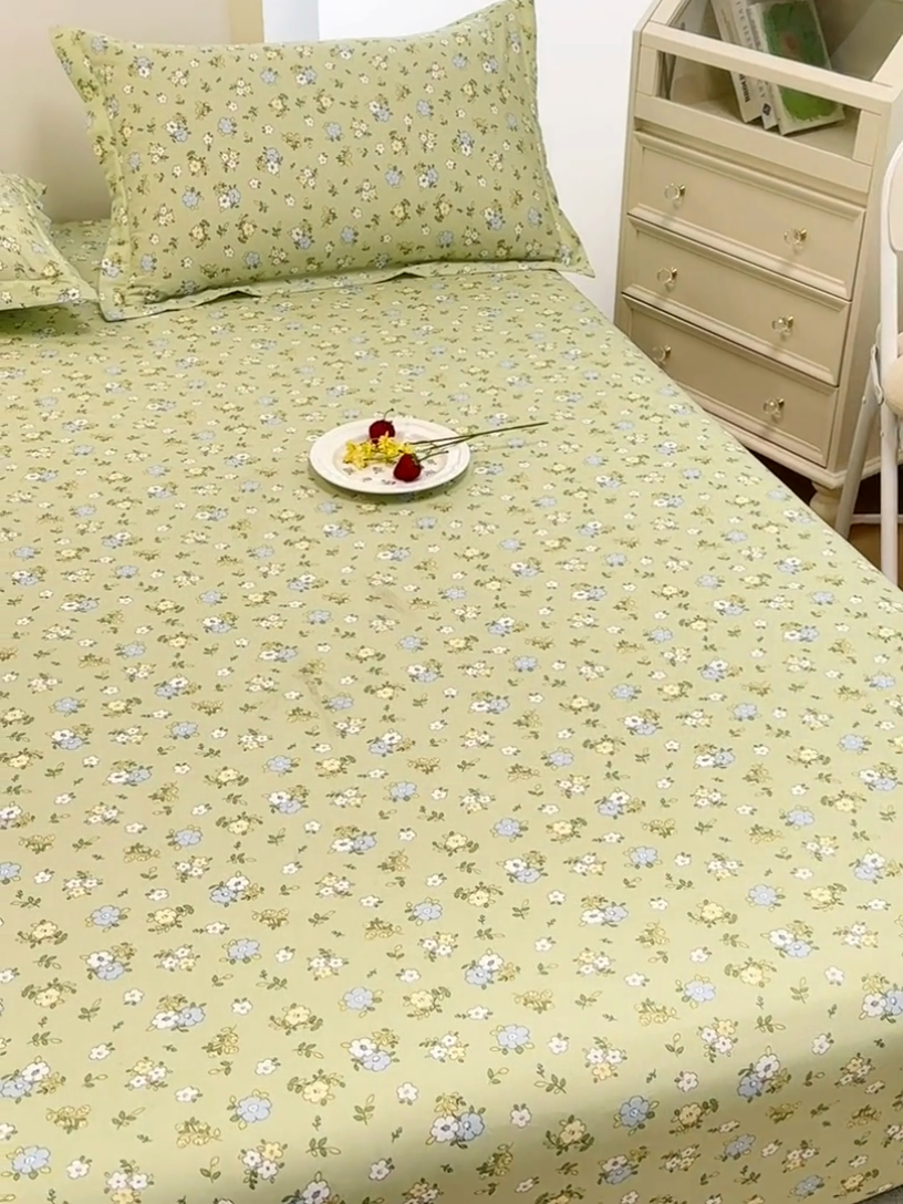 91家纺网 家纺一手货源 找家纺 元元被芯 2024新款小清新全棉套件单品-单床笠 韩式清新-绿