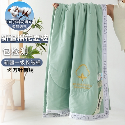 91家纺网 家纺一手货源 找家纺  2025新款A类绣花纯色手包边新疆棉花夏被 千寻 薄荷绿