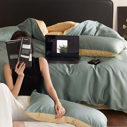 沐晴家纺 2025新款60兰精天丝简约轻奢纯色四件套 天青色-香槟金