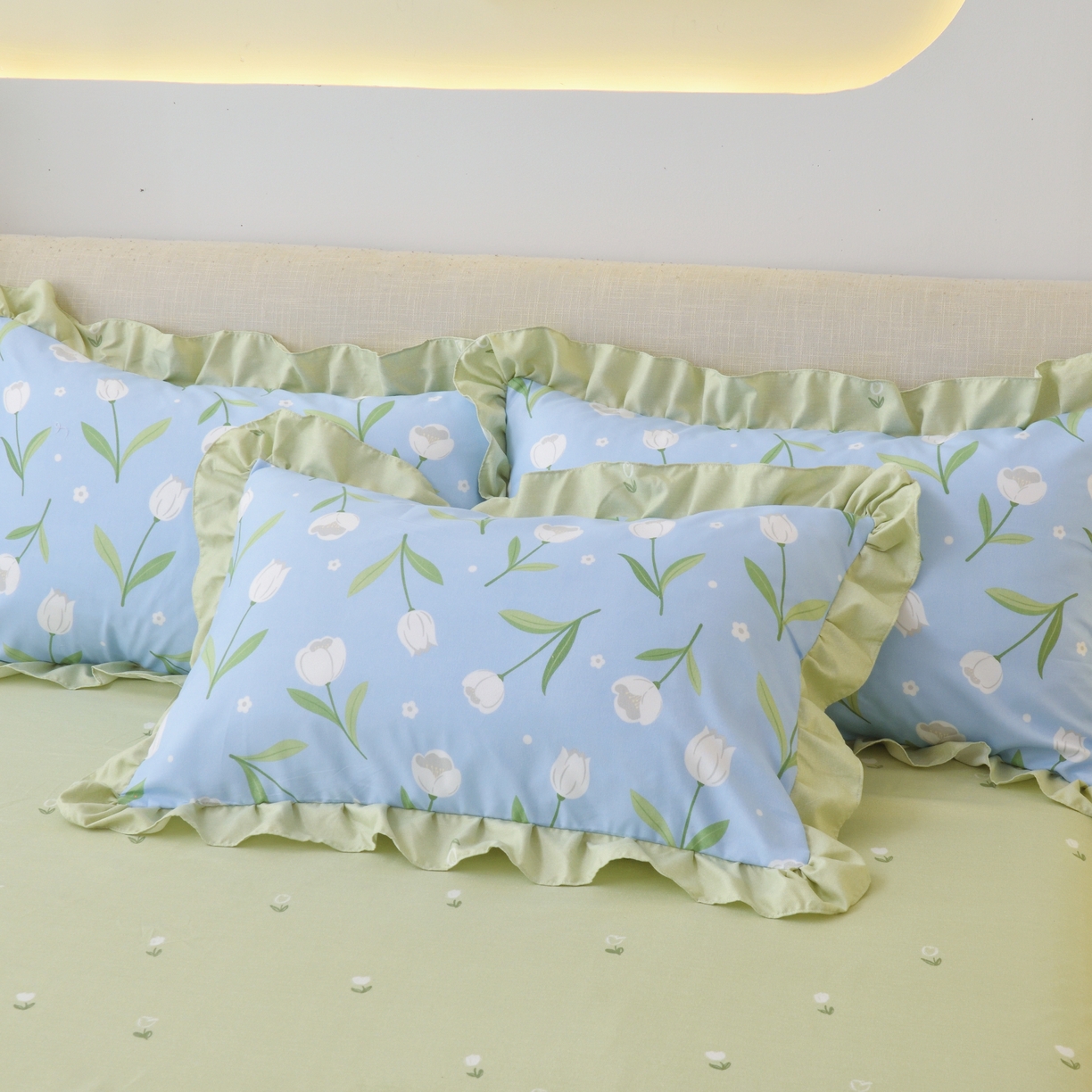 91家纺网 家纺一手货源 找家纺 宅家居 2024新韩版亲肤磨毛花边小号三件套 四件套床单大荷叶边 乔微-天空蓝