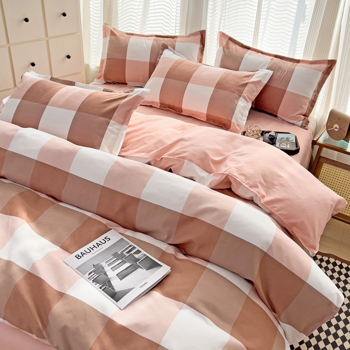 91家纺网 家纺一手货源 找家纺 赫然 130g生态长绒棉贡棉植物羊绒加厚斜纹磨毛四件套 粉大格