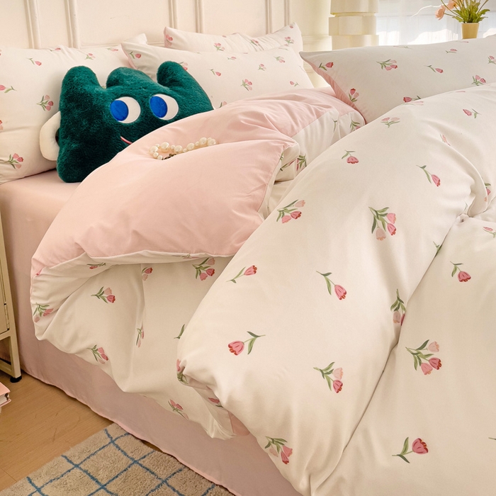 91家纺网 家纺一手货源 找家纺 赫然 2026新款水洗双层纱四件套 郁金香