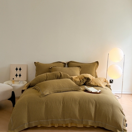 91家纺网 家纺一手货源 找家纺 美伦美焕 2024新款双层纱全棉水洗四件套 千鸟格-姜黄