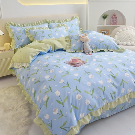 91家纺网 家纺一手货源 找家纺 （总）宅家居 2024新韩版亲肤磨毛花边小号三件套 四件套床单大荷叶边