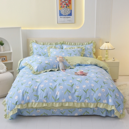 宅家居 2024新韩版亲肤磨毛花边小号三件套 四件套床单大荷叶边 乔微-天空蓝