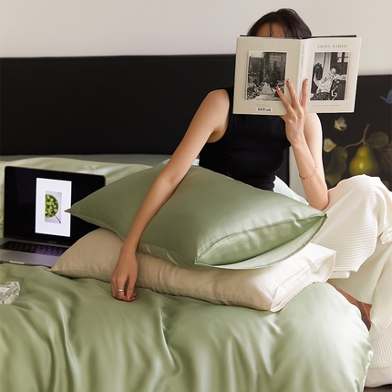 沐晴家纺 2025新款60兰精天丝简约轻奢纯色四件套 香奈儿绿-嫩叶绿