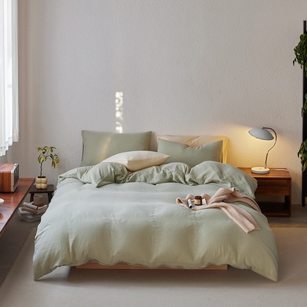 91家纺网 家纺一手货源 找家纺 （总）简纯主义 2025新款全棉有机雾感纱双层皱皱纱四件套