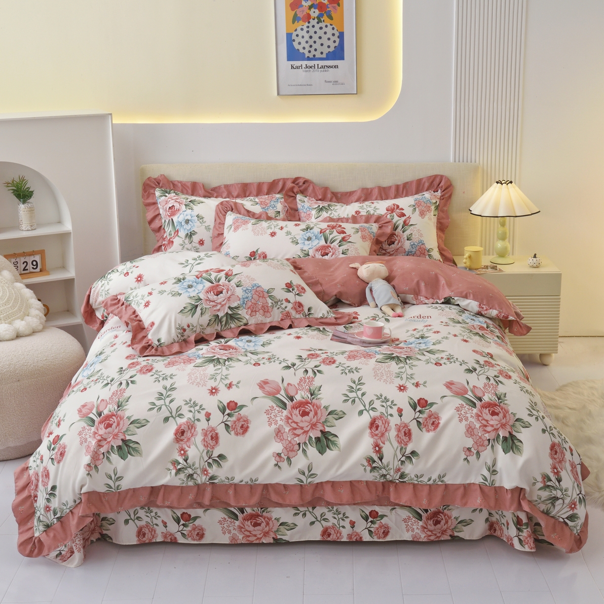 91家纺网 家纺一手货源 找家纺 宅家居 2024新韩版亲肤磨毛花边小号三件套 四件套床单大荷叶边 满园春色