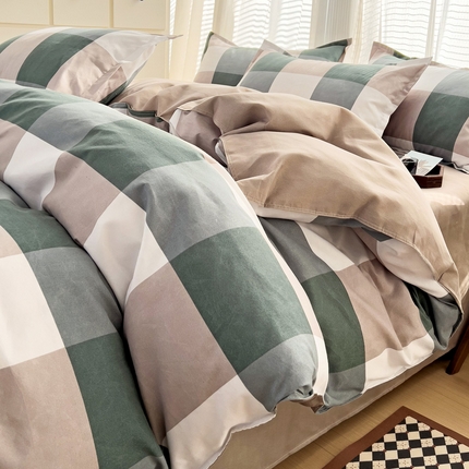 赫然家纺 新款斜纹磨毛单品被套 绿大格