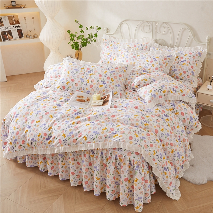 91家纺网 家纺一手货源 找家纺 十个点2024新款初遇系列 全棉床裙小清新四件套 初遇