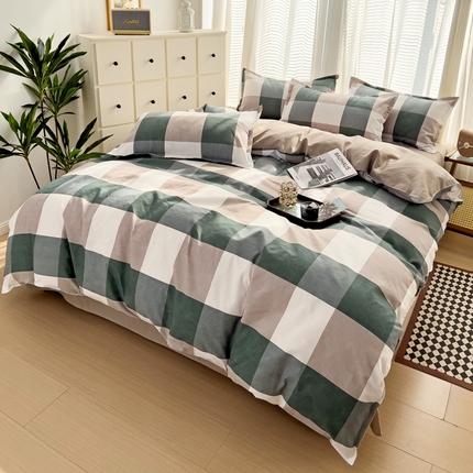 赫然 130g生态长绒棉贡棉植物羊绒加厚斜纹磨毛四件套 绿大格