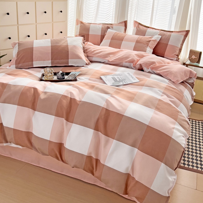 91家纺网 家纺一手货源 找家纺 赫然 130g生态长绒棉贡棉植物羊绒加厚斜纹磨毛四件套 粉大格