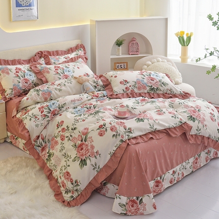 91家纺网 家纺一手货源 找家纺 宅家居 2024新韩版亲肤磨毛花边小号三件套 四件套床单大荷叶边 满园春色